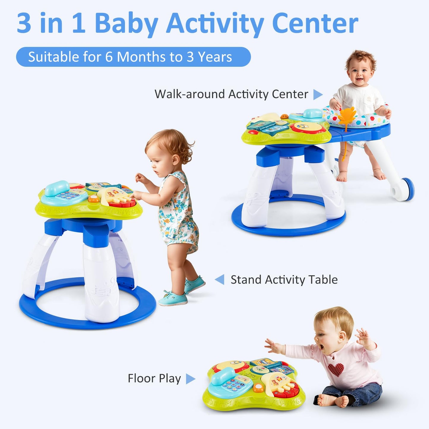 Infans 3 In 1 Walk Around Baby Activity Center, Baby Walker With Play Table, Wheels, Detachable Seat Cushion, 3 Adjustable Heigh