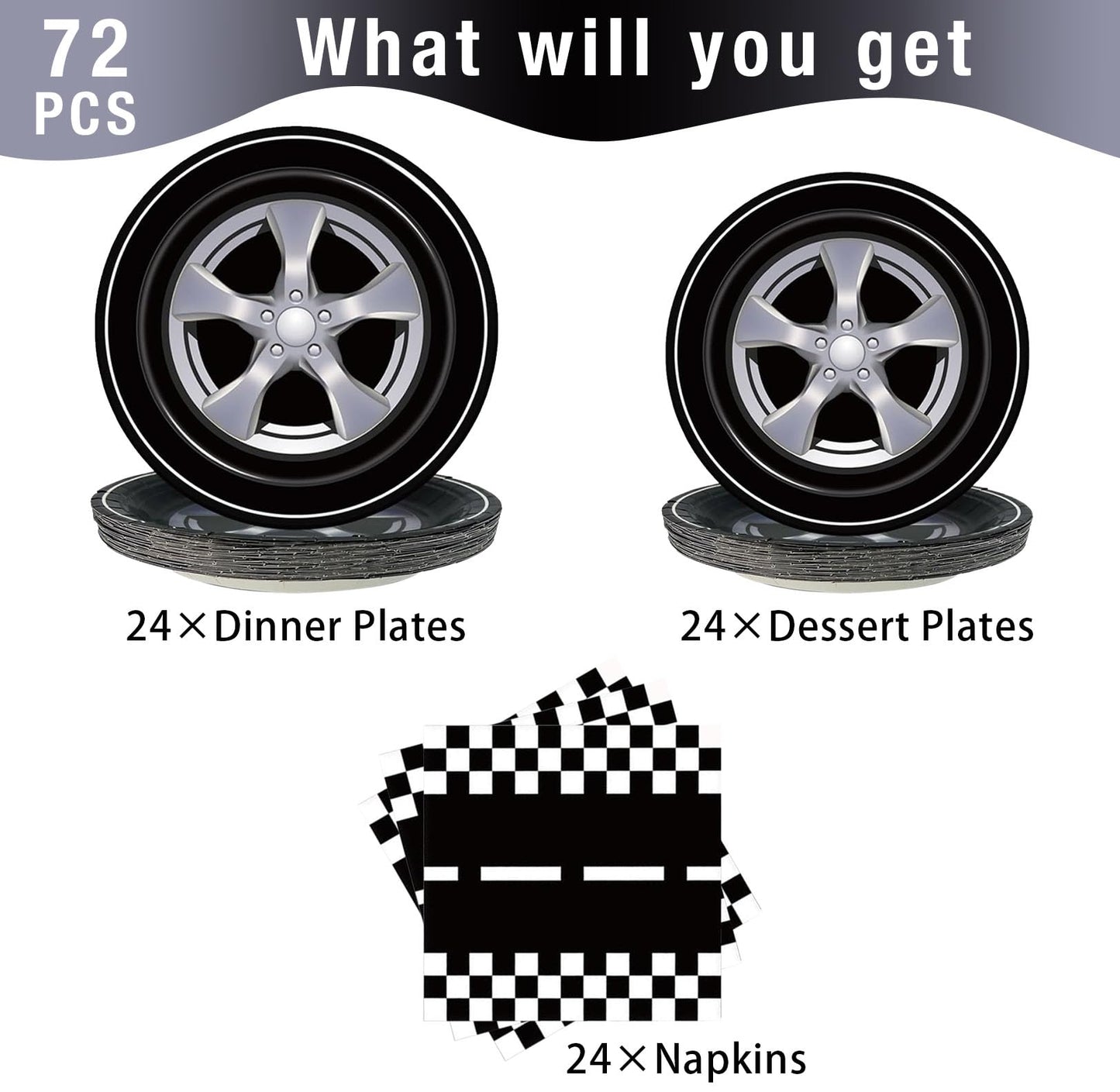 PGSWEER 72pcs Cars Birthday Party Tableware Sets Wheels Track Plates Napkins Race Car Paper Plates Dinnerware For Boys Kids Baby
