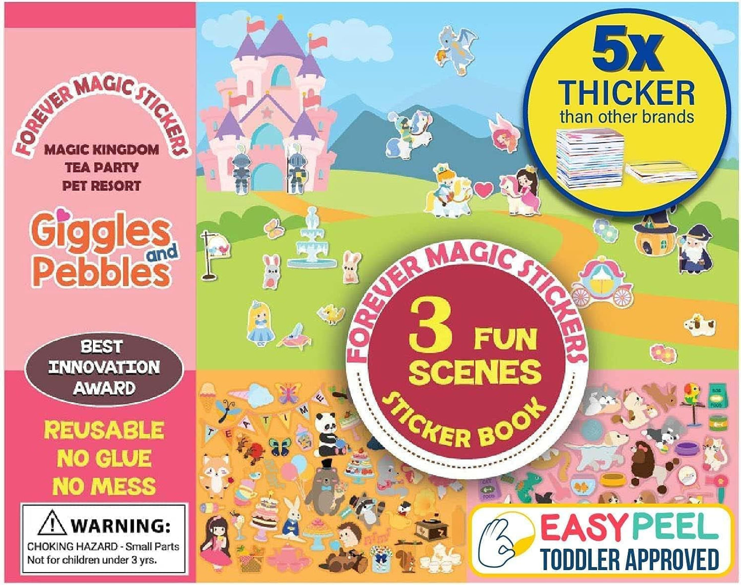 Giggles & Pebbles Reusable Stickers for Kids, Non-Adhesive Stickers for Toddler Children with 3 sceneries - Magic Kingdom, Tea P