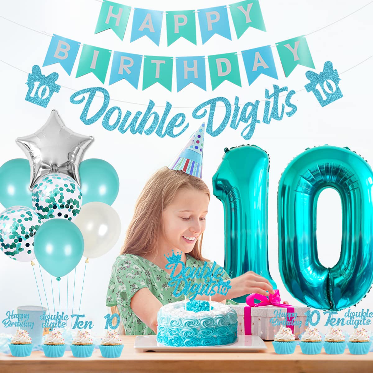 10Th Birthday Decorations For Girls Teal, Double Digits Party Supplies Turquoise Banner Cake & Cupcake Toppers Number 10 Helium