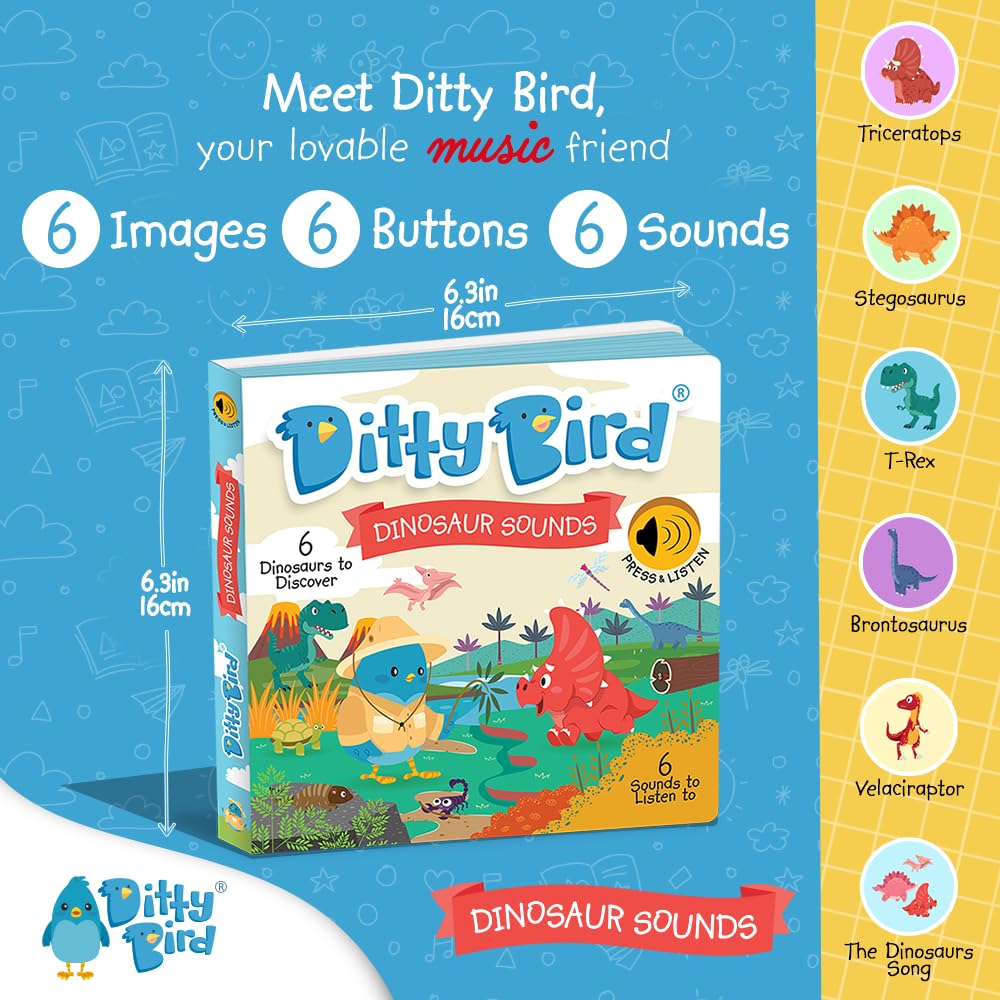Ditty Bird Dinosaur Book For Toddlers | Realistic Dino Sound Book | Interactive T-Rex Board Books For Toddlers 1-3 | Sensory, Mu