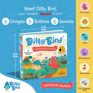 Ditty Bird Dinosaur Book For Toddlers | Realistic Dino Sound Book | Interactive T-Rex Board Books For Toddlers 1-3 | Sensory, Mu