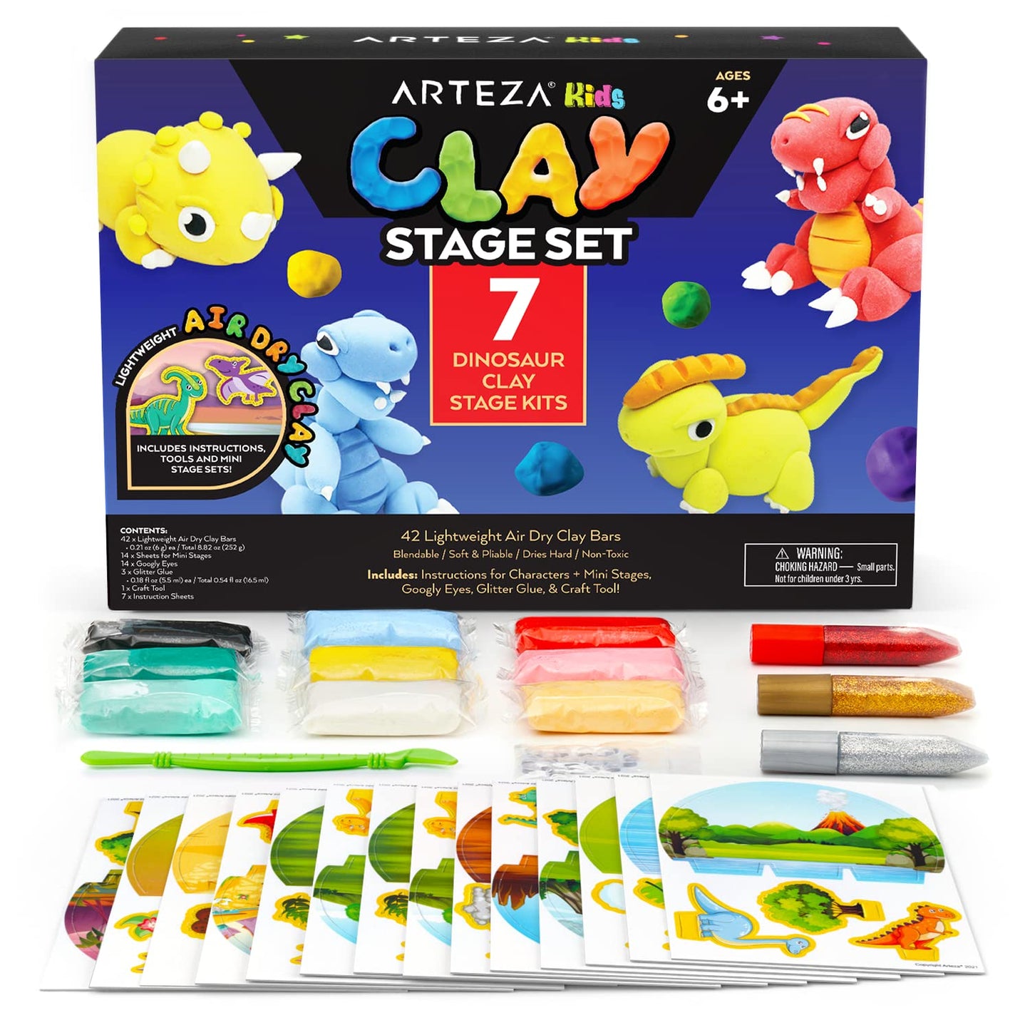 ARTEZA Kids Air Dry Clay, 42 Bars, Dinosaur Modeling Clay Kit, 14 Mini-Stages, 14 Googly Eyes, 3 Glitter Glues, 1 Craft Tool, 7 