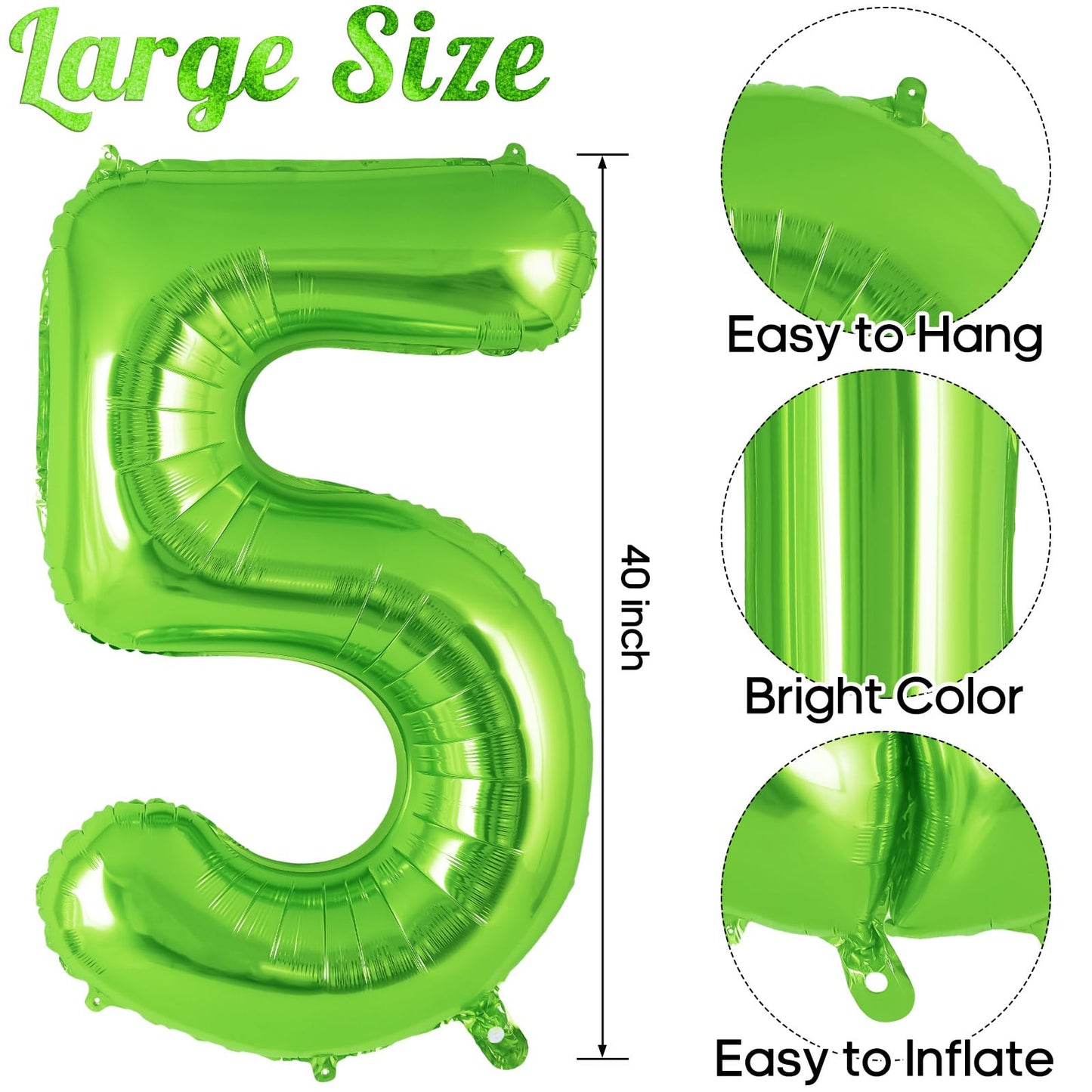Green Number 5 Balloon 40 Inch, Big Large Foil Helium Number Balloons, Jumbo Giant Mylar Number 5 Balloons For 5 Year Old Birthd