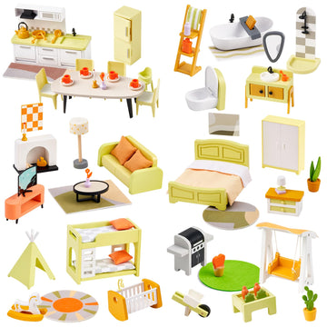 Giant Bean 85Pcs Wooden Plastic Dollhouse Furniture Set For 6 Rooms, Modern Dollhouse Accessories Pretend Play Furniture Toys Gi
