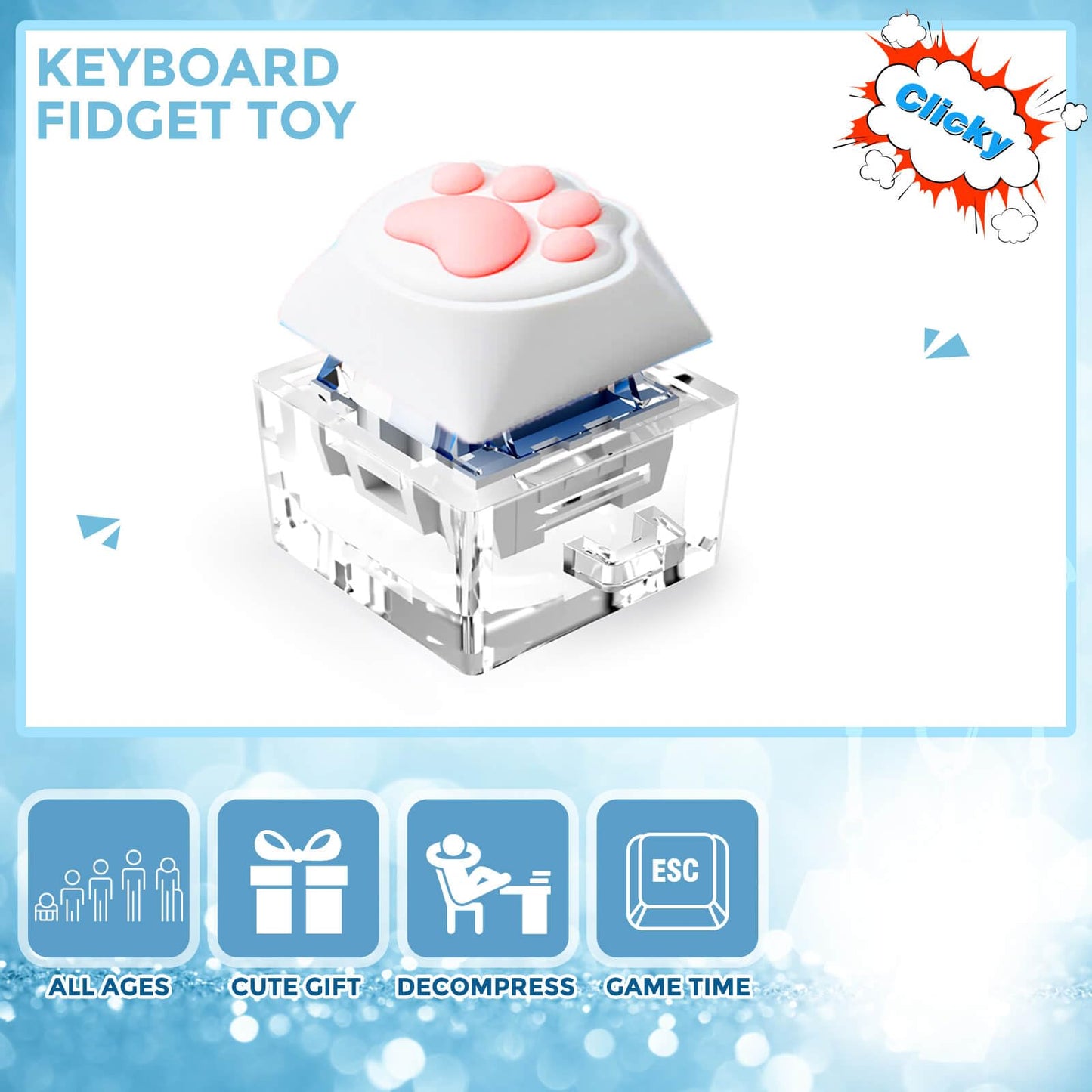 Keyboard Fidget Toys  Keychain Keyboard Decompression Toys Mechanical Key Button Stress Relief Gifts for mature-themed and Kids Finger Clicker Toys ADHD Toy Cool Fidgets(Cat's paw)