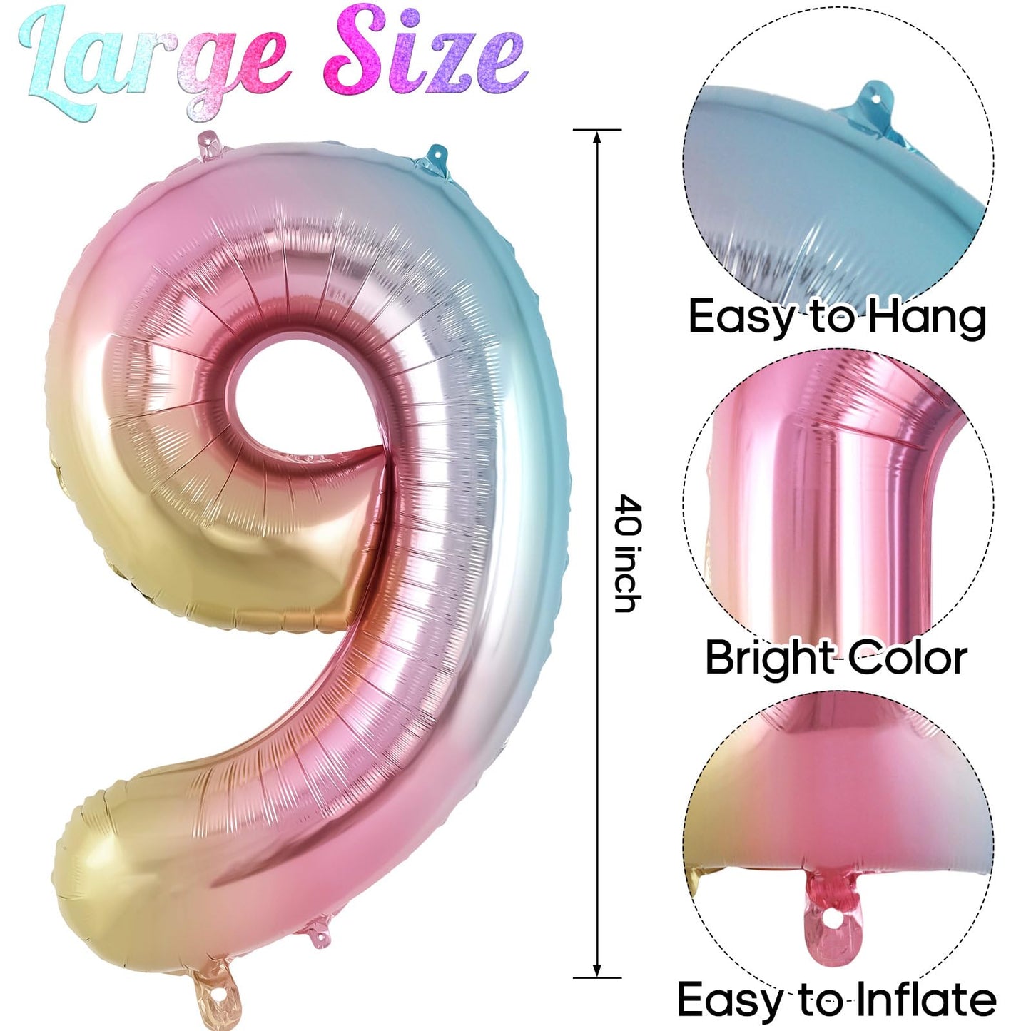 Rainbow Gradient Number 9 Balloon, 40 Inch Big Large Foil Number Balloons, Jumbo Mylar Number 9 Balloons For 9 Year Old Birthday