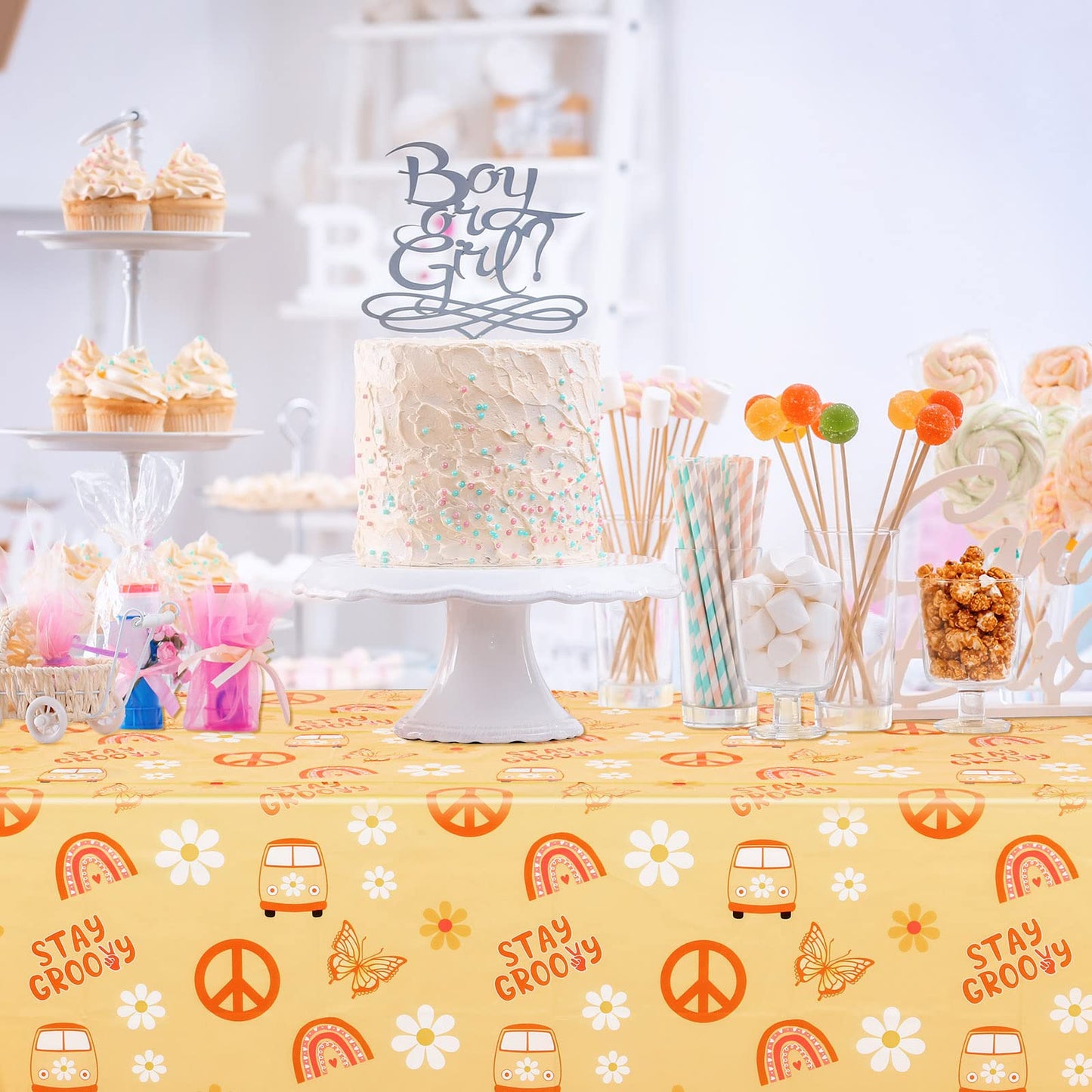 4 Pcs Stay Groovy Tablecloth Retro Hippie Boho Party Table Covers Daisy Flower Bohemian Rainbow Tablecloths Disposable Waterproo