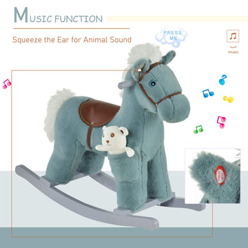 Qaba Kids Plush Ride-On Rocking Horse With Bear Toy, Children Chair With Soft Plush Toy & Fun Realistic Sounds, Blue