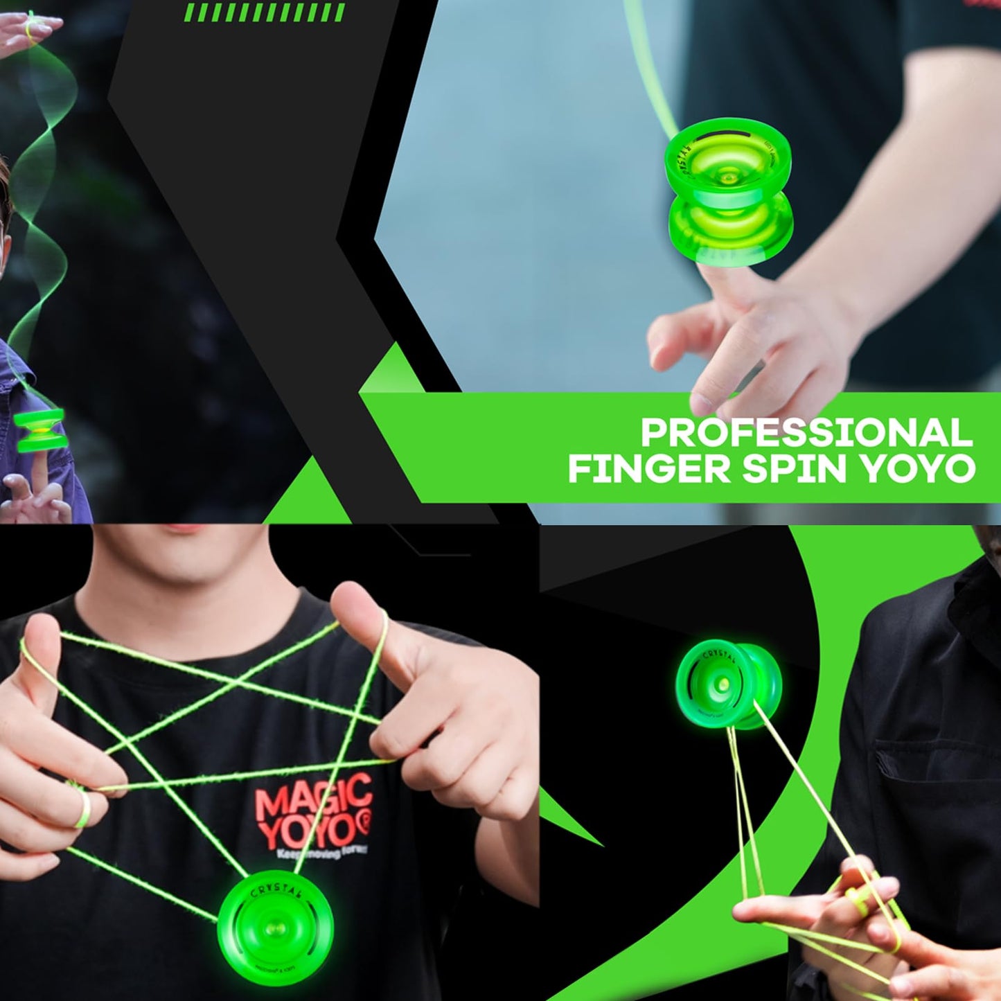 Magicyoyo Dual Purpose Yoyos - N11 Professional Unresponsive Yoyo And K2 Responsive Yoyo, Blue Splash Alloy Yoyo & Glow Green Plastic Yoyo With 2 Bags,12 Yoyo Strings, Responsive Bearings Kit