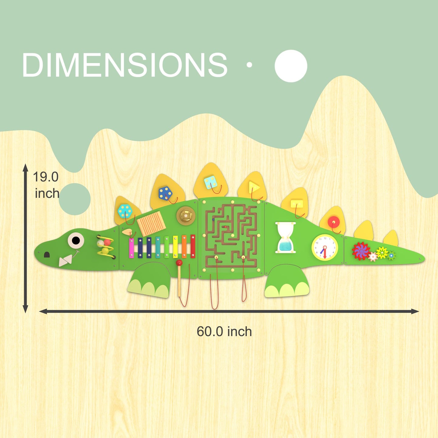 Cxq 60'' Stegosaurus Montessori Busy Board, Sensory Board, Activity Wall Busy Board Panels, Wall Furniture,Interactive Wooden Le