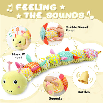 Awotoy Baby Toys 0 To 12 Months, Musical Stuffed Animal Activity Soft Toys With Multi-Sensory Crinkle, Rattle And Textures, Infant Tummy Time Toys For Newborn Boys Girls, Caterpillar, Yellow
