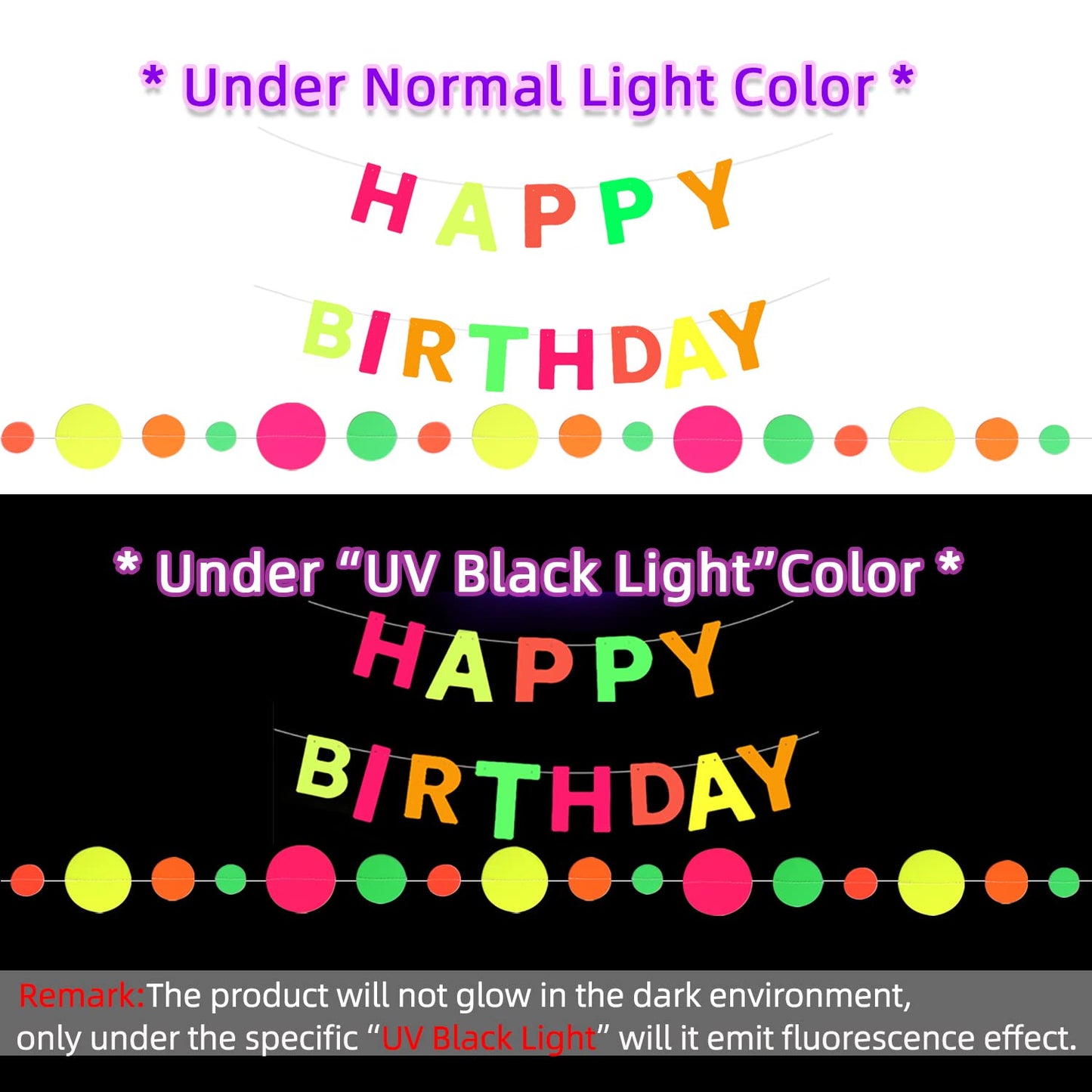 UV Neon Happy Birthday Banner Glow in the Dark Glow Party Supplies Decorations Glow in the Dark Blacklight Reactive Fluorescent