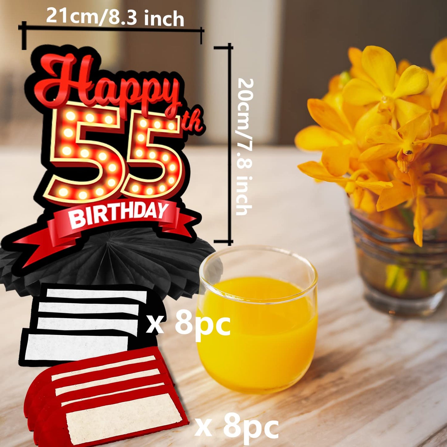 Happy 55Th Birthday Red And Black Table Honeycomb Centerpieces Balloons Theme Decor Table Decorations Table Toppers For Girls Women Princess 55 Years Old Birthday Party Bday Supplies Background Gold