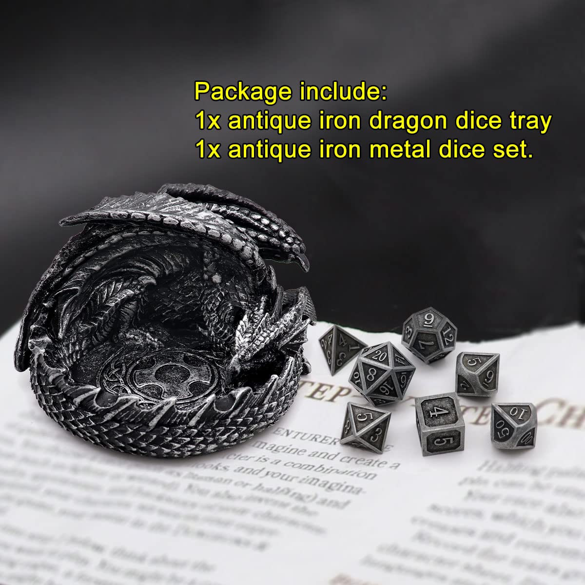 Haxtec Dragon Dice Jail with DND Metal Dice Set Antique Iron Guardian Dragon Dice Tray Holder Dungeons and Dragons Accessories G