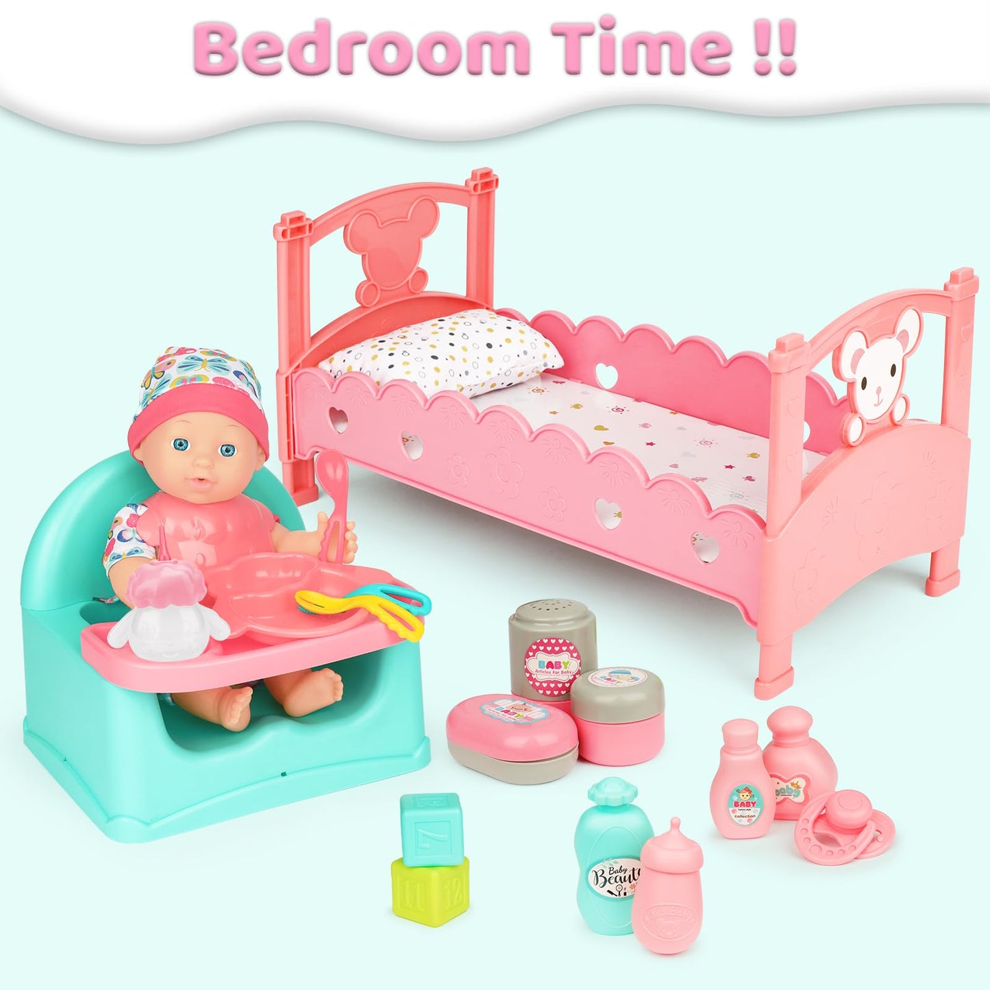 Deao Baby Doll Play Set, 25 Pcs Baby Dolls Accessories With Chair Booster Seat High Crib Toy Toilet And Bathtub Pretend Play Toys Gift For Ages 3 4 5 6 7 8 9 Girls Kids