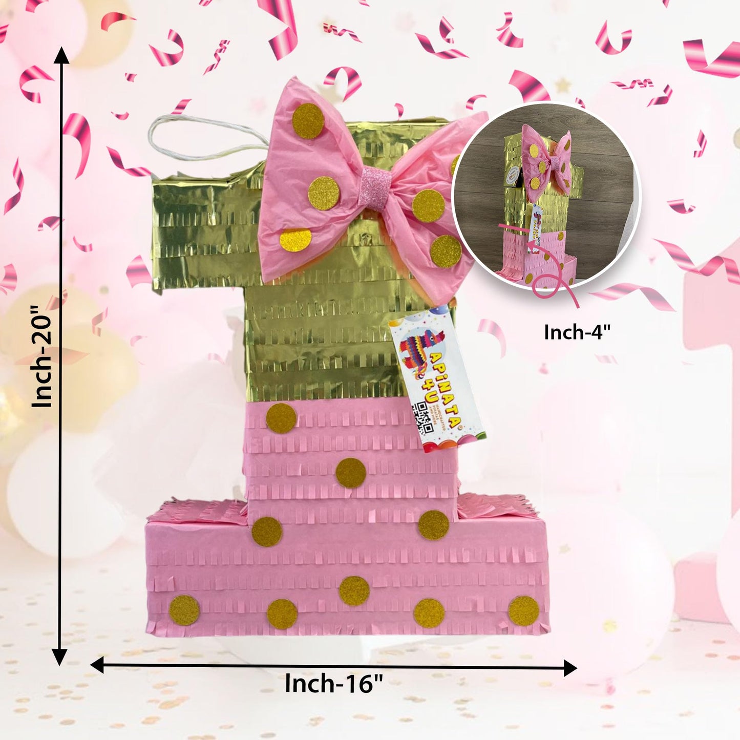 Apinata4U Pink And Gold Number 1 Piñata With Bow, Princess Theme First Birthday Decorations, Pink & Gold Party Supplies, Kids Party Favor For Birthday Celebration, Girls Birthday, 20 X 16 X 4 Inches