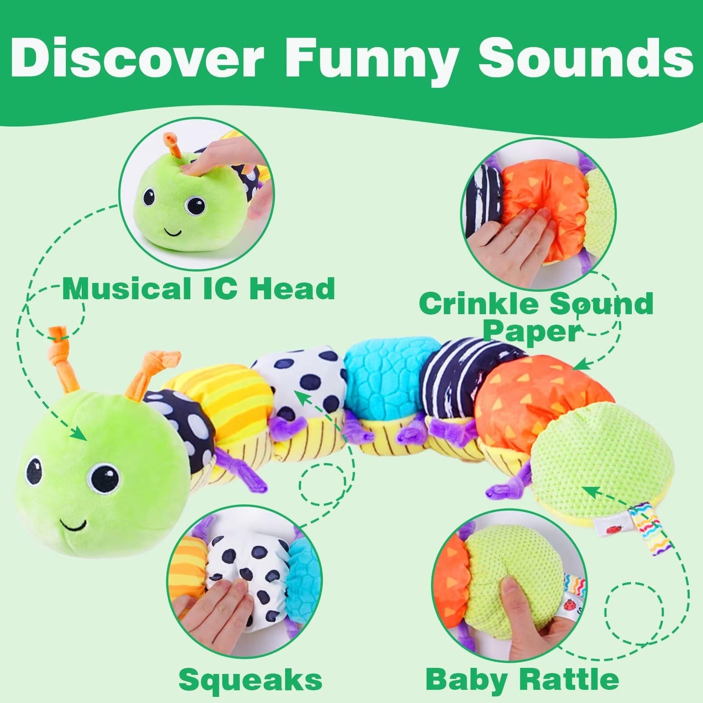 Pau1Hami1ton Baby Toys 0-3-6-12 Months Musical Plush Caterpillar Toy,Newborn Toys with Crinkle and Rattles,Baby Sensory Toys,New