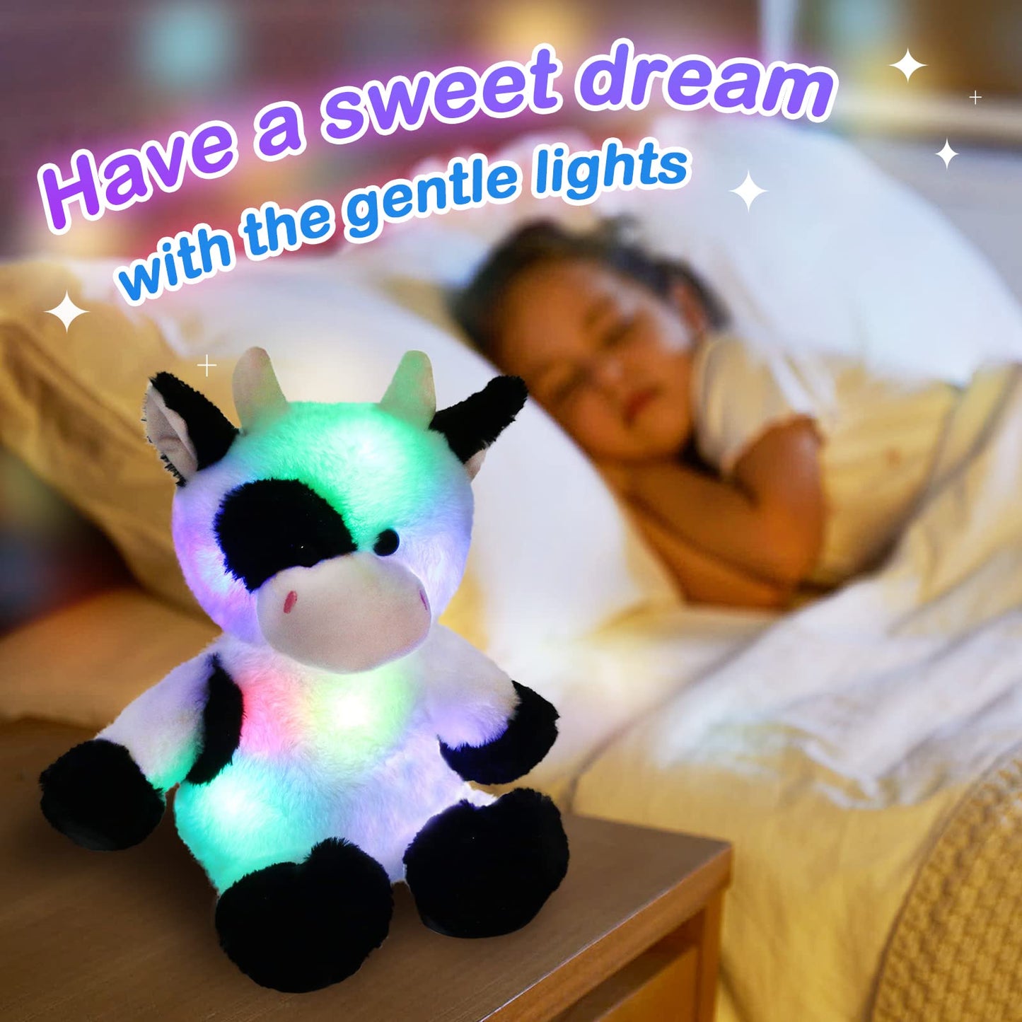 Glow Guards Cow Plush Toy with LED Night Light, Super Soft Fabric, 15'' – Adorable Gift for Toddlers and Kids