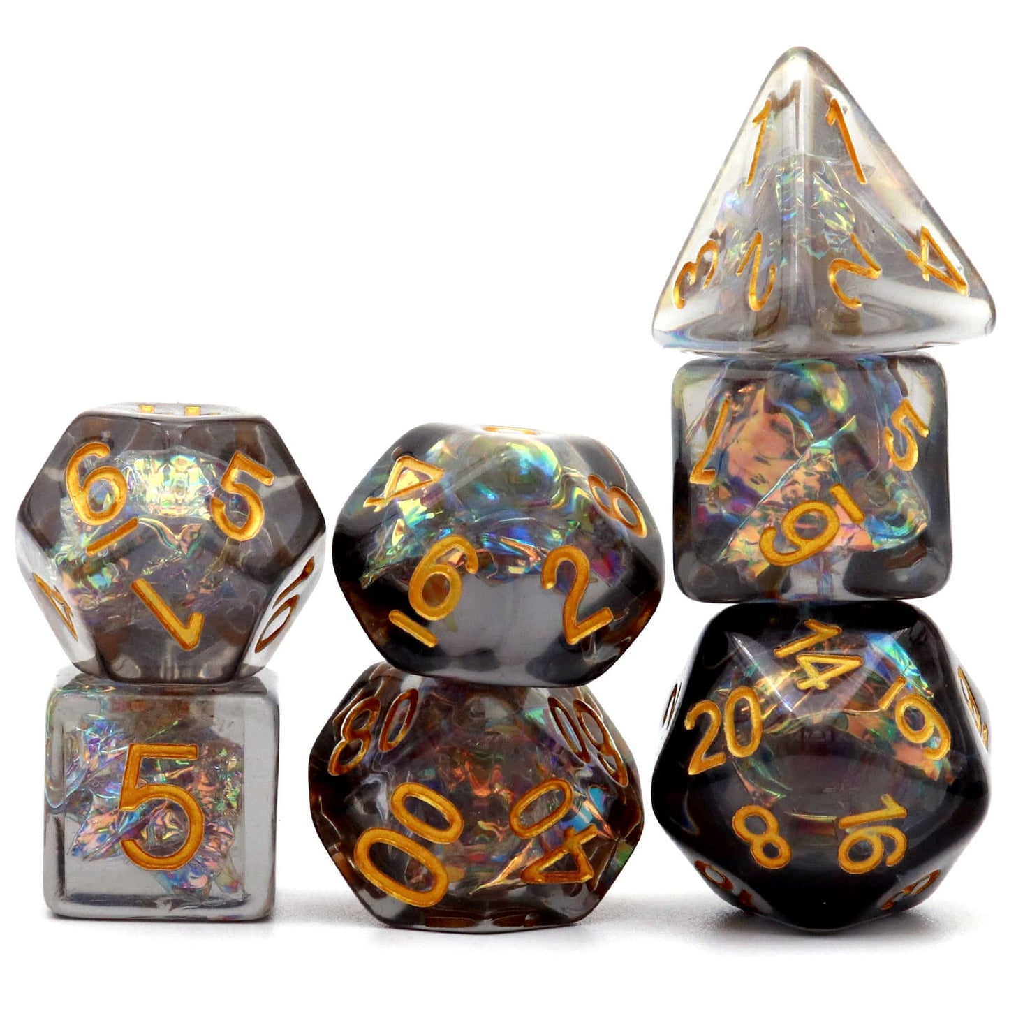 Haxtec Black DND Dice Set 7PCS Filled Resin Polyhedral D&D Dice W/Iridescent Mylar Inclusion Role Playing Dice Dungeons and Drag