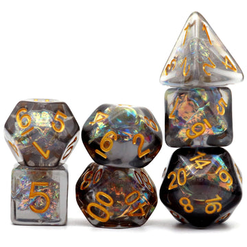 Haxtec Black DND Dice Set 7PCS Filled Resin Polyhedral D&D Dice W/Iridescent Mylar Inclusion Role Playing Dice Dungeons and Drag