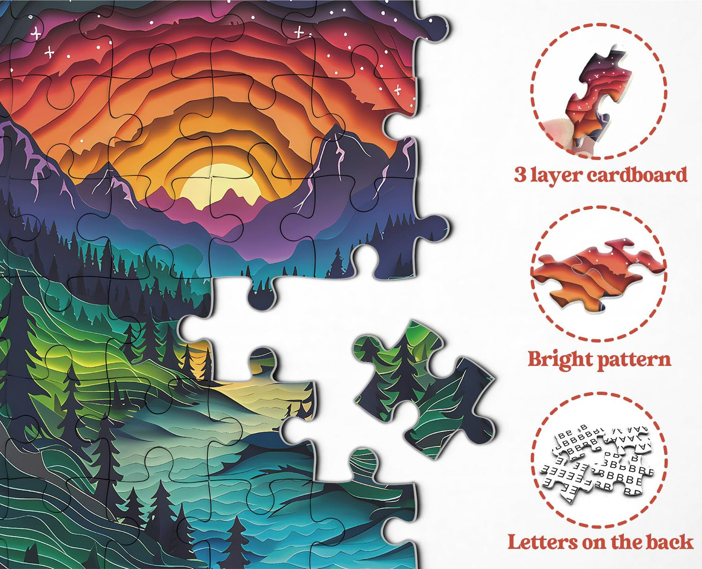 Magic Forest Puzzles For Adults 1000 Pieces, Nature Round Tree Mountain River Sunset Landscape Puzzle, Colorful Paper Cut Art Pu