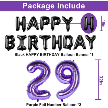 Naninuneno 29Th Birthday Decorations Set For Girl Women Boy Men, Purple Black 29 Happy Birthday Balloons Supplies With Purple Nu