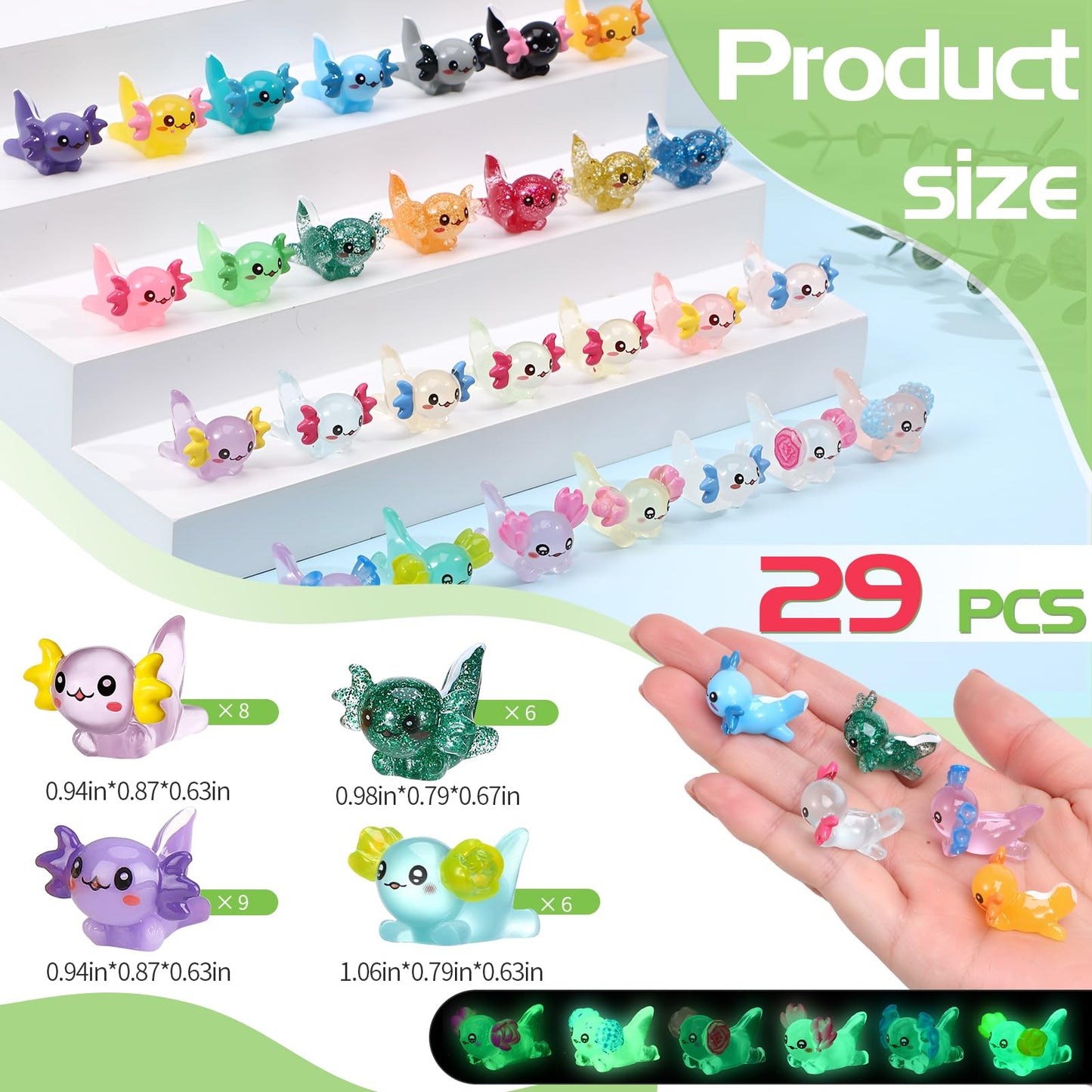 Ggstddup 29 Pcs Luminous Mini Resin Axolotl Glow In The Dark Little Tiny Resin Figurines Axolotl Bulk For Diy Garden Dollhouse B