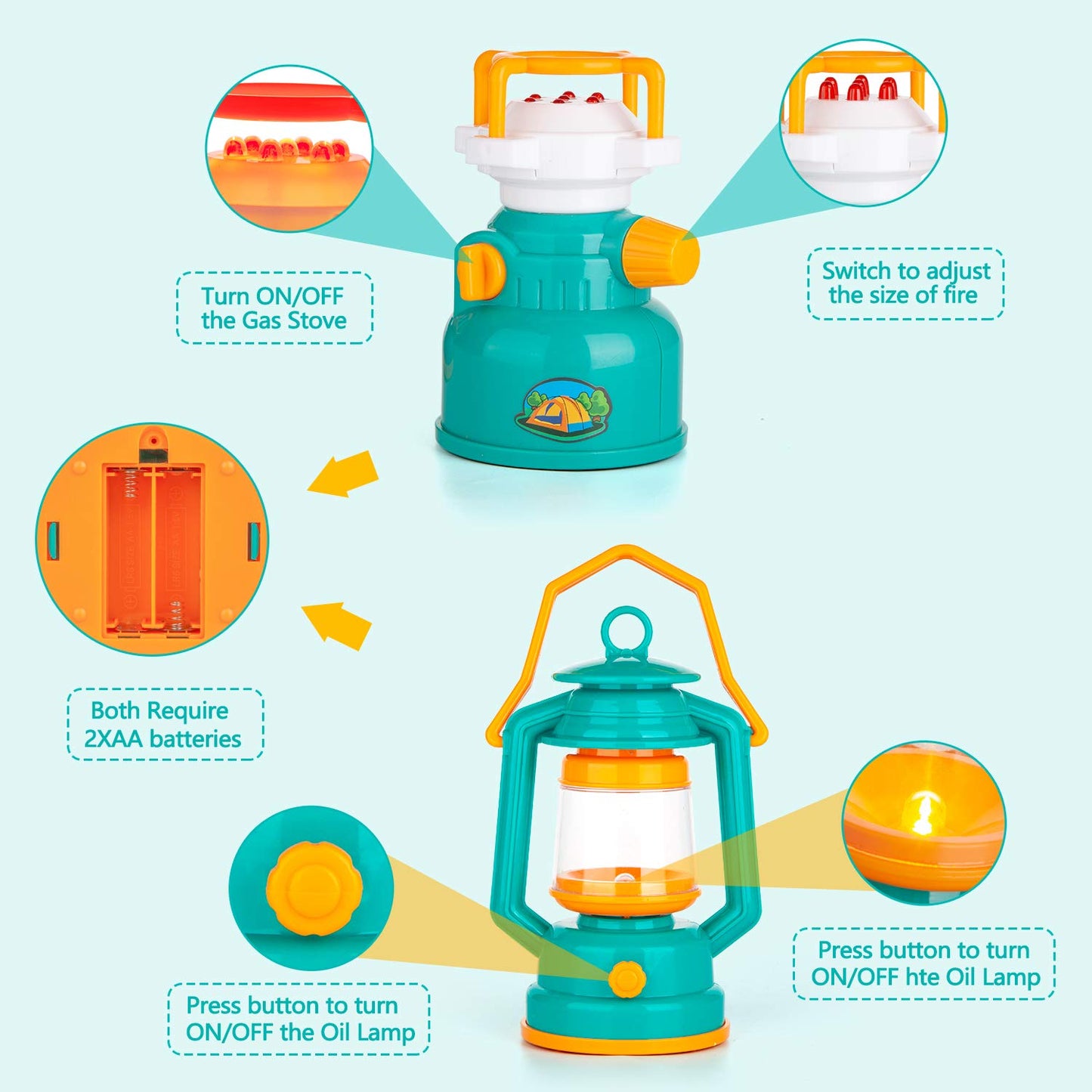 Aokiwo 45Pcs Kids Camping Tent Set, Pop Up Play Tent With Camping Gear Tools Indoor Outdoor Pretend Play Set For Toddler Boys/Girls - Including Telescope, Walkie Talkie, Camping Tent, Stove, And Etc