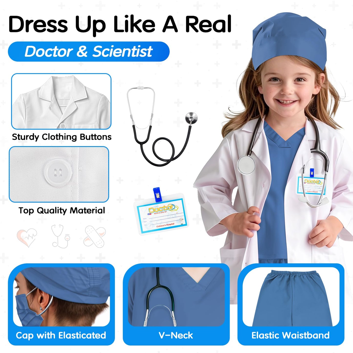 COTATERO Doctor Scrubs Costume for Kids With Stethoscope Lab Coat Career Day Costume Halloween Dress Up For Boys Girls 3-12 (Blue  XXXL-160/10-12Y)