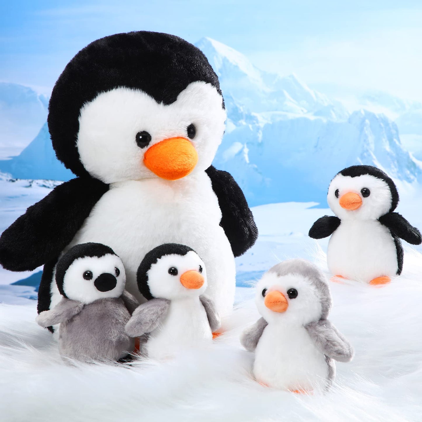 Harrycle 5 Pcs Penguin Plush Toy Set 14 Inch Mommy Penguin Stuffed Animal with 4 Cute Babies in Zippered Belly Soft Cuddly Plush