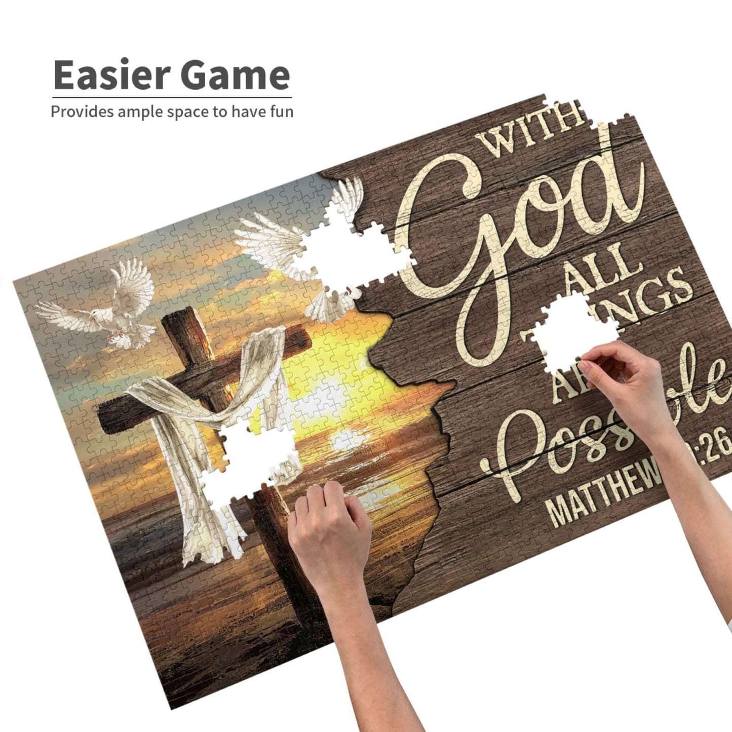 Christian Jigsaw Puzzles 1000 Pieces for Adults, Ocean Cross & Matthew 19:26 with God All Things are Possible, Inspirational Bea