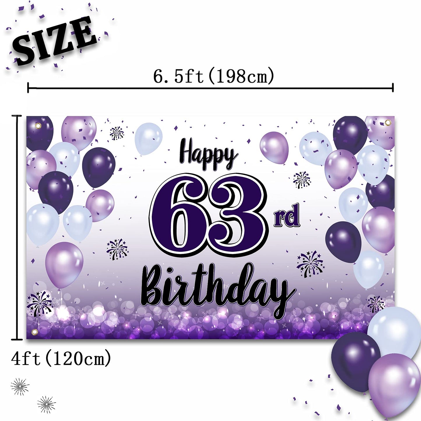 LASKYER Happy 63rd Birthday Decorations,63rd Purple Balloon Large Birthday Banner Backdrop Sign,63 Years Old Bday Party Supplies