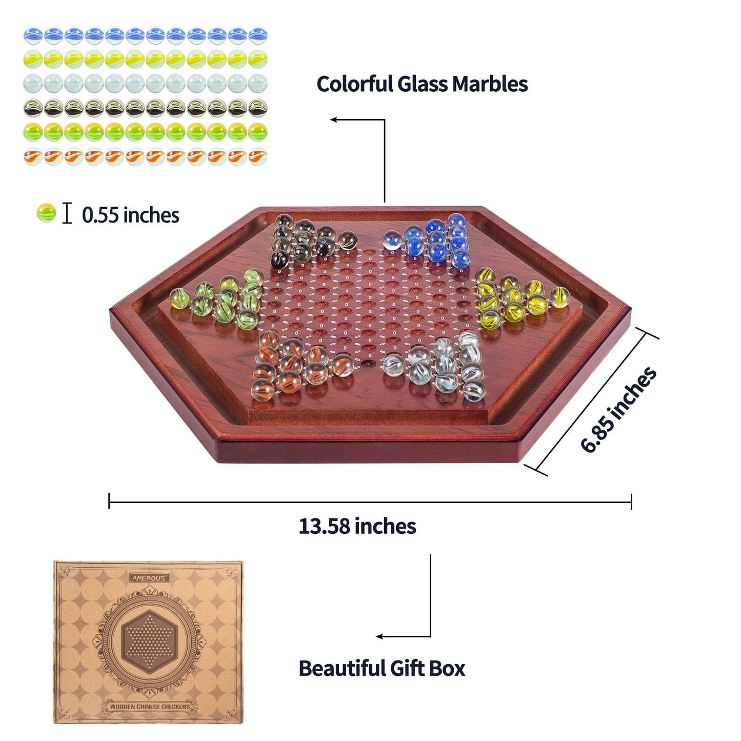 Amerous 13.6 Inches Wooden Chinese Checkers Board Game Set With 60 Colorful Glass Marbles, Classic Strategy Game For Kids, Adults, Whole Family Play (Up To Six Players)