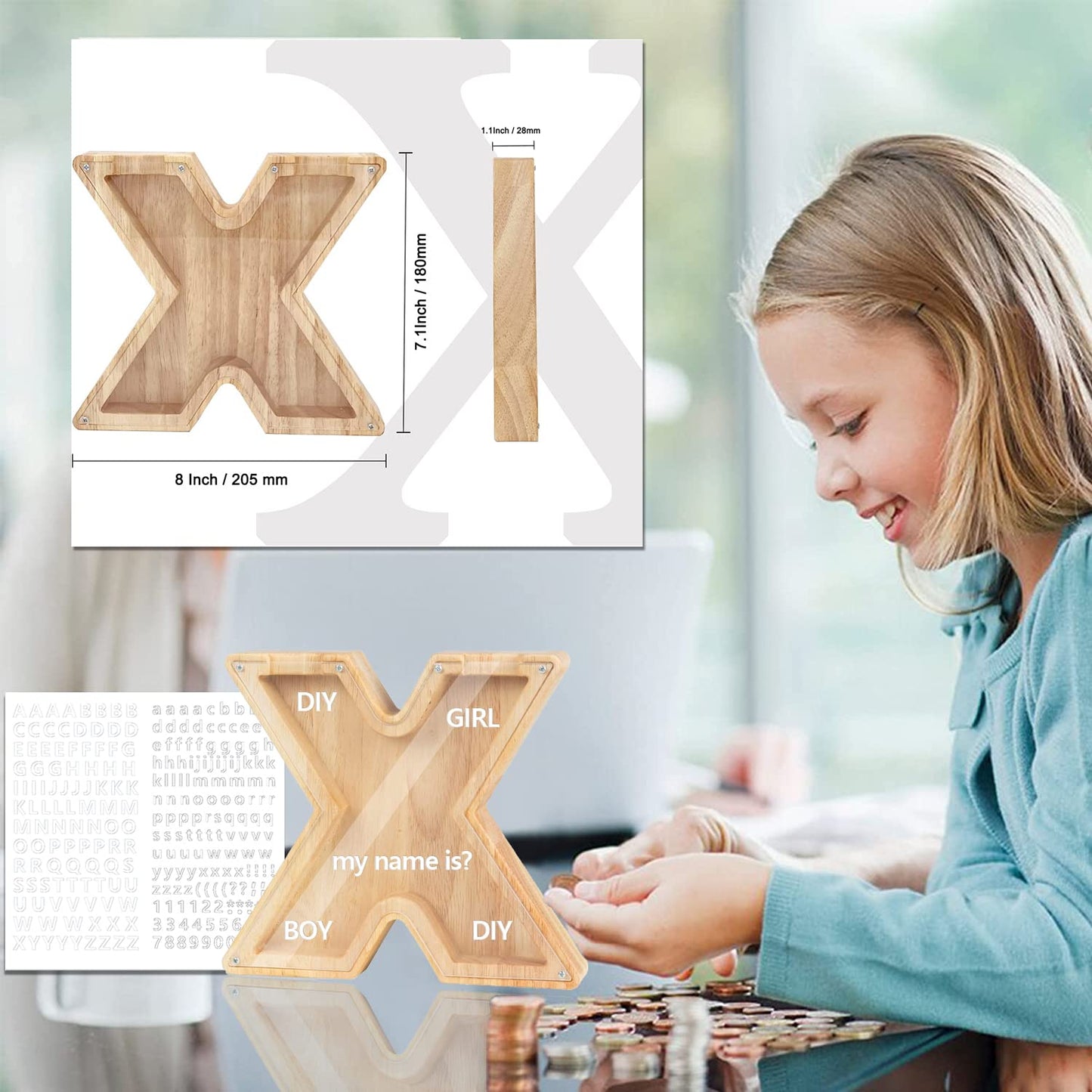 Weallbuy Piggy Bank For Kids Personalized A-Z Letter Piggy Bank Wooden Transparent Letter Money Box Decoration Creative Money Ja