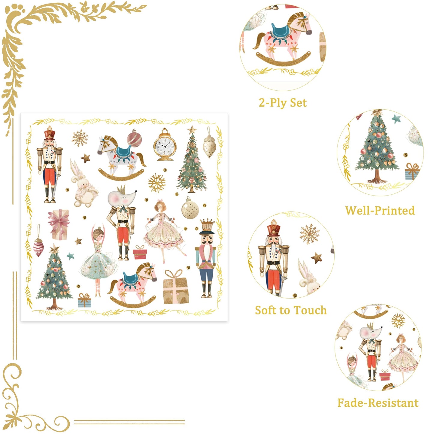 100Pcs Christmas Paper Napkins Nutcracker Disposable 2-Ply Napkins with Ballerinas, Christmas Trees, Horses Design for Bathroom,