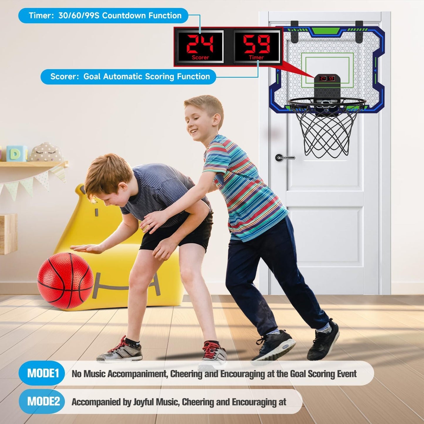 Vignuto Indoor Basketball Hoop For Kids(4-12 Years Old), Over The Door Basketball Hoop With Scoring, Countdown And Music Accompa