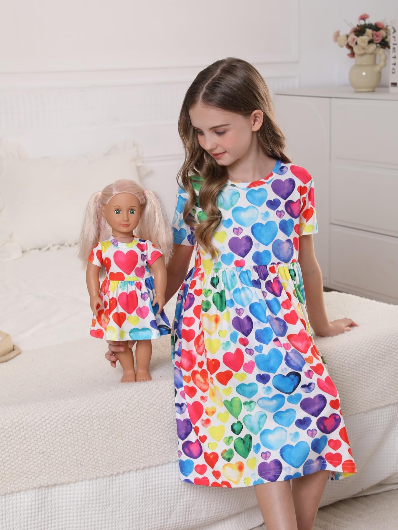 Bow Dream Girl Dress & Doll Clothes Set, Heart Shaped Print, Size 140, Polyester, Perfect for 9-10 Years