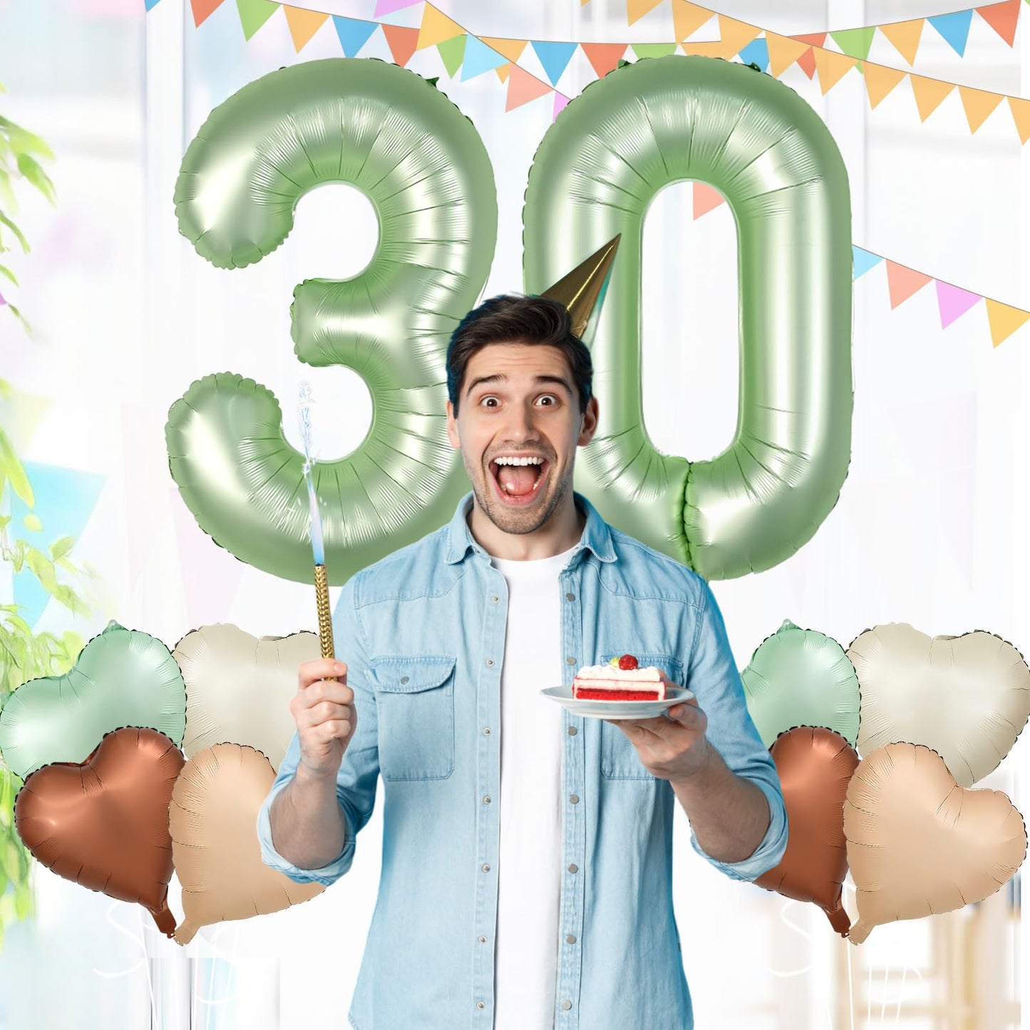 Biapian 40 Inch Sage Green Number 30 Balloons, Large Foil Number 3 & 0 Balloons With 18'' Olive Green Heart Balloon For 30Th Yea