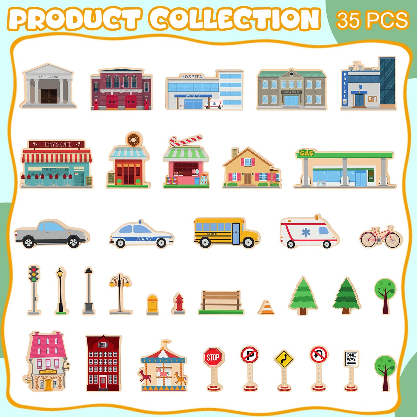 35 PCS Wooden City Play Set Wood Blocks Town Buildings Street Traffic Signs Cars Trees Pretend Play Toys for Play Mats Preschool