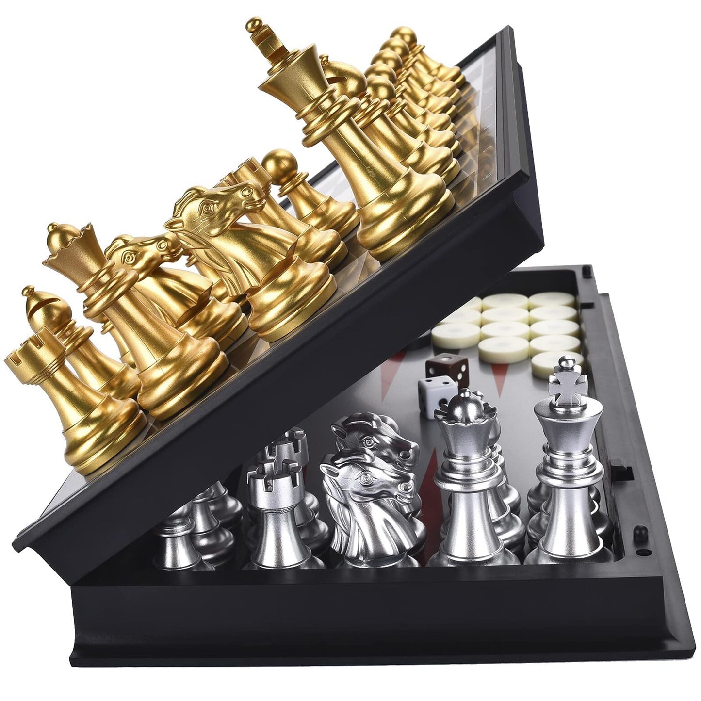 QuadPro 3 in 1 Magnetic Chess Checkers Backgammon Set - Folding Travel Game, Gold & Silver, Model QP003, Plastic