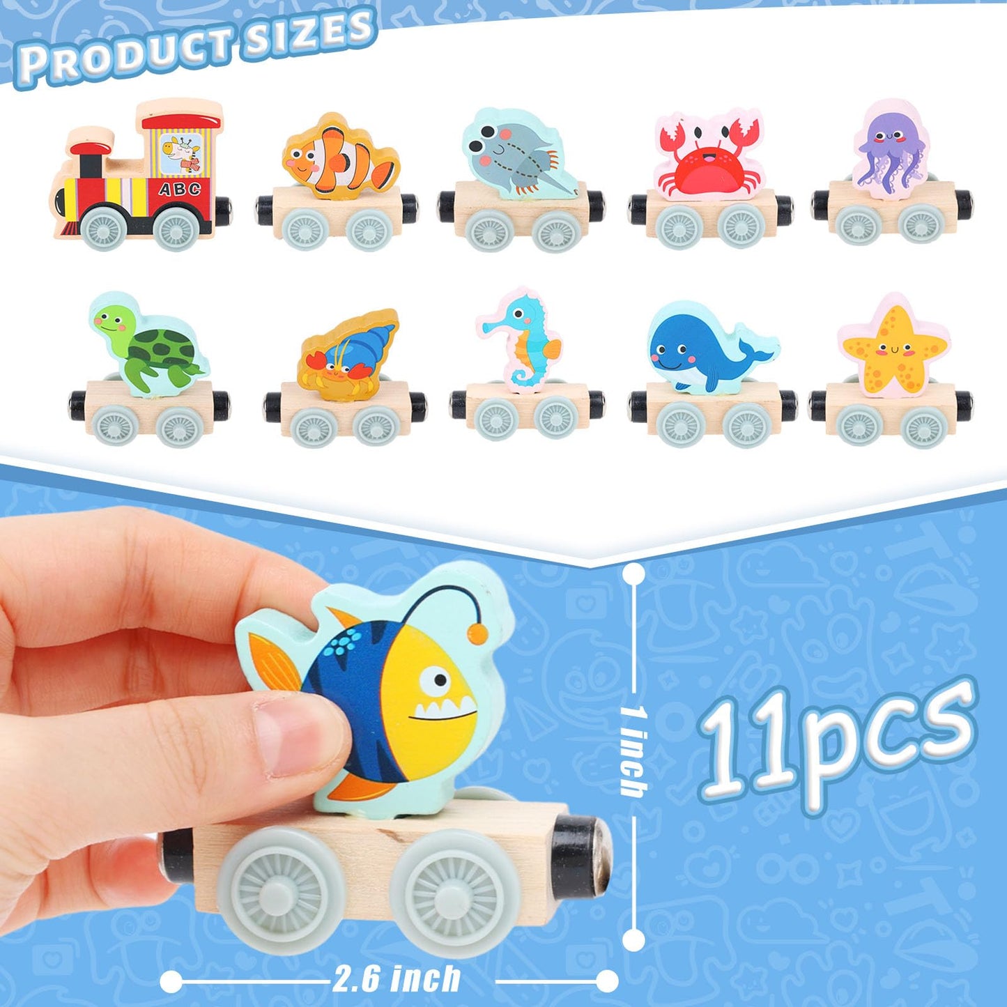 LovesTown Wooden Sea Animal Train Set, Montessori Educational Toy for Kids, 11 PCS, Multi Color, Ideal Toddler Birthday Gift