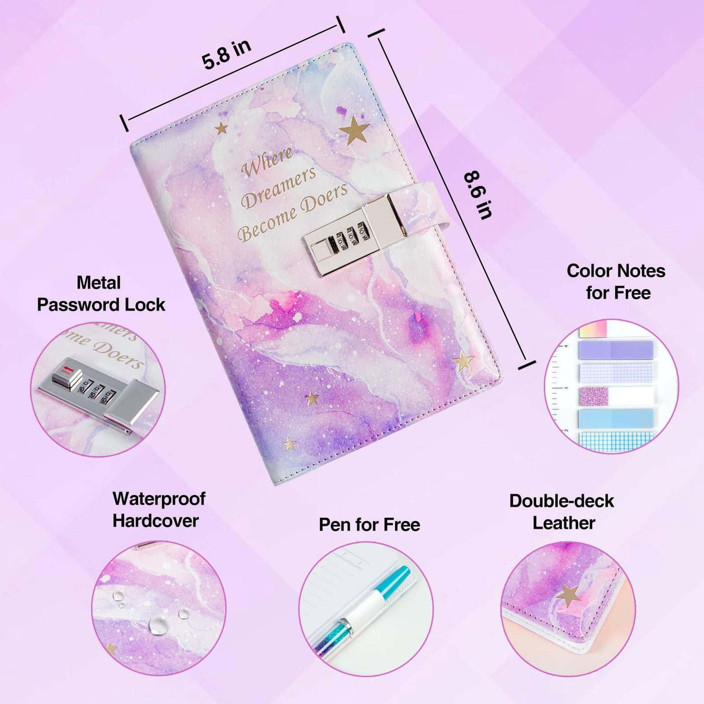 Kutoda Diary With Lock For Girls, 192 Pages College Ruled Journal For Girls Ages 8-12, A5 Secret Lock Journal With Pen And Color