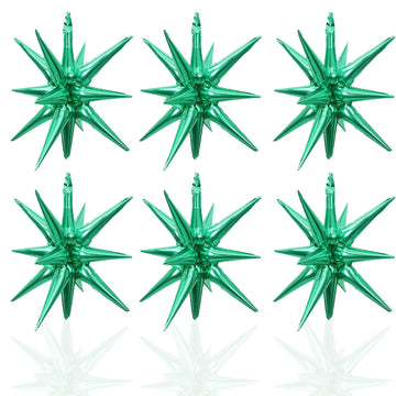 6 Pcs Green Star Foil Balloons One-Piece 14-Pointed Star Balloons 4D Starburst Cone Mylar Balloons 22Inch Christmas Birthday Wed