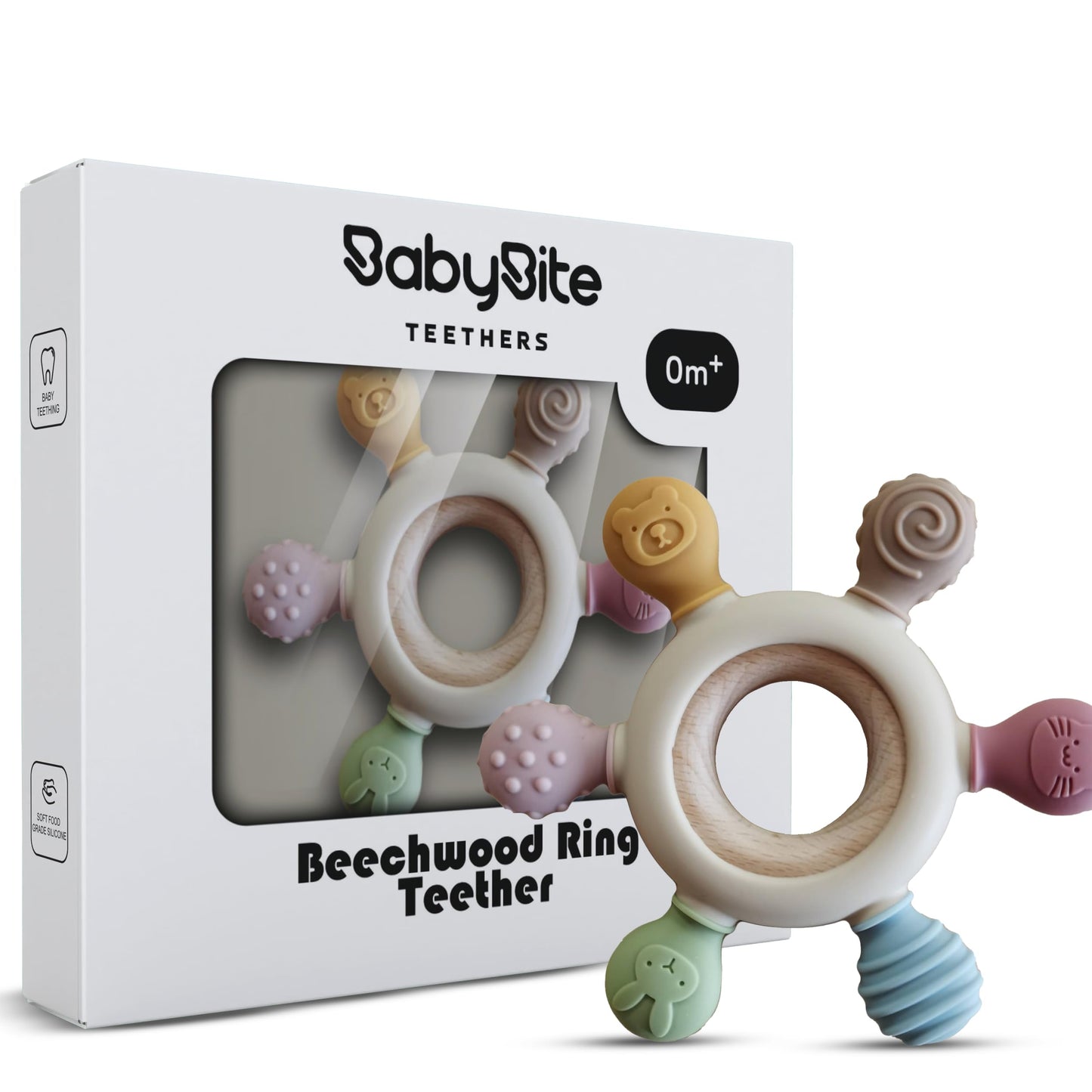 [Babybite] Baby Teething Toys Silicone And Beechwood Baby Teether Ring For Sensory And Developmental Play For Baby And Toddler 1