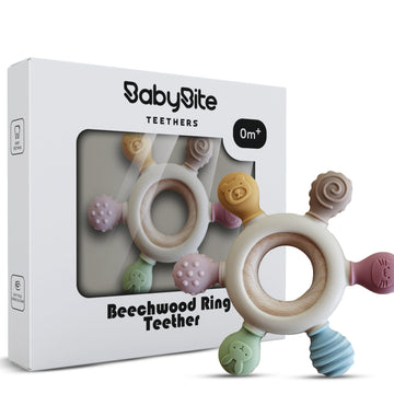 [Babybite] Baby Teething Toys Silicone And Beechwood Baby Teether Ring For Sensory And Developmental Play For Baby And Toddler 1