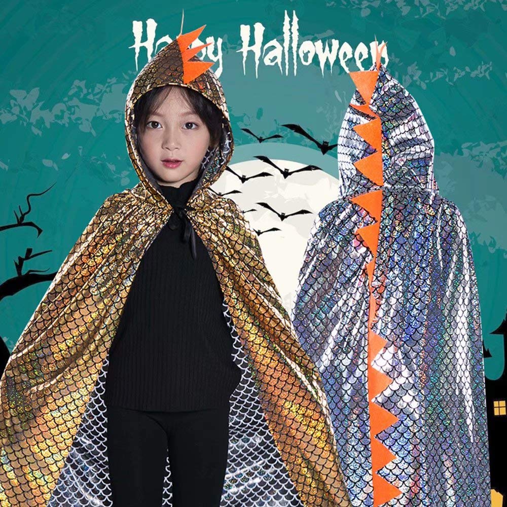Qiaoniuniu Dinosaur Cape Dragon Hooded Cloak Halloween Costume Boy Girl Toddler Dress Up Clothes 3-8 Years Old Color Silver