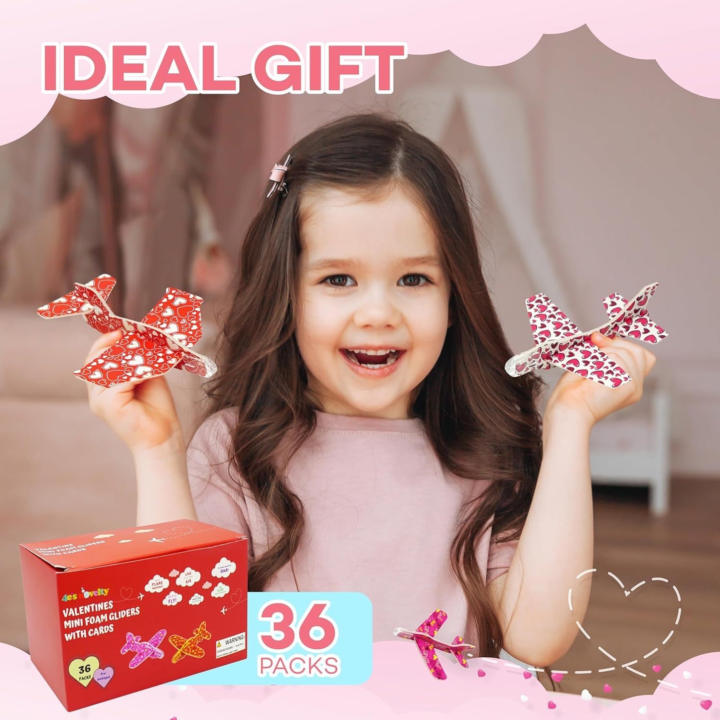 4Es Novelty 36 Pack Valentines Day Foam Airplanes Gliders with Valentines Cards for Kids Boys Girls, Individually Wrapped, Clas