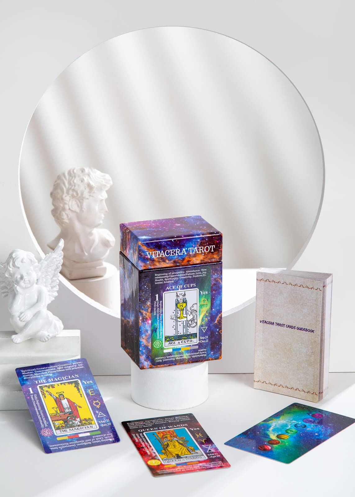 Vitacera Tarot Cards For Beginners , Card Deck With Guidebook, Keywords, Yes Or No, Timing, Colors, Musical Pitch, Planet, Zodiac, Element, Chakra, Numerology And Meanings On Them