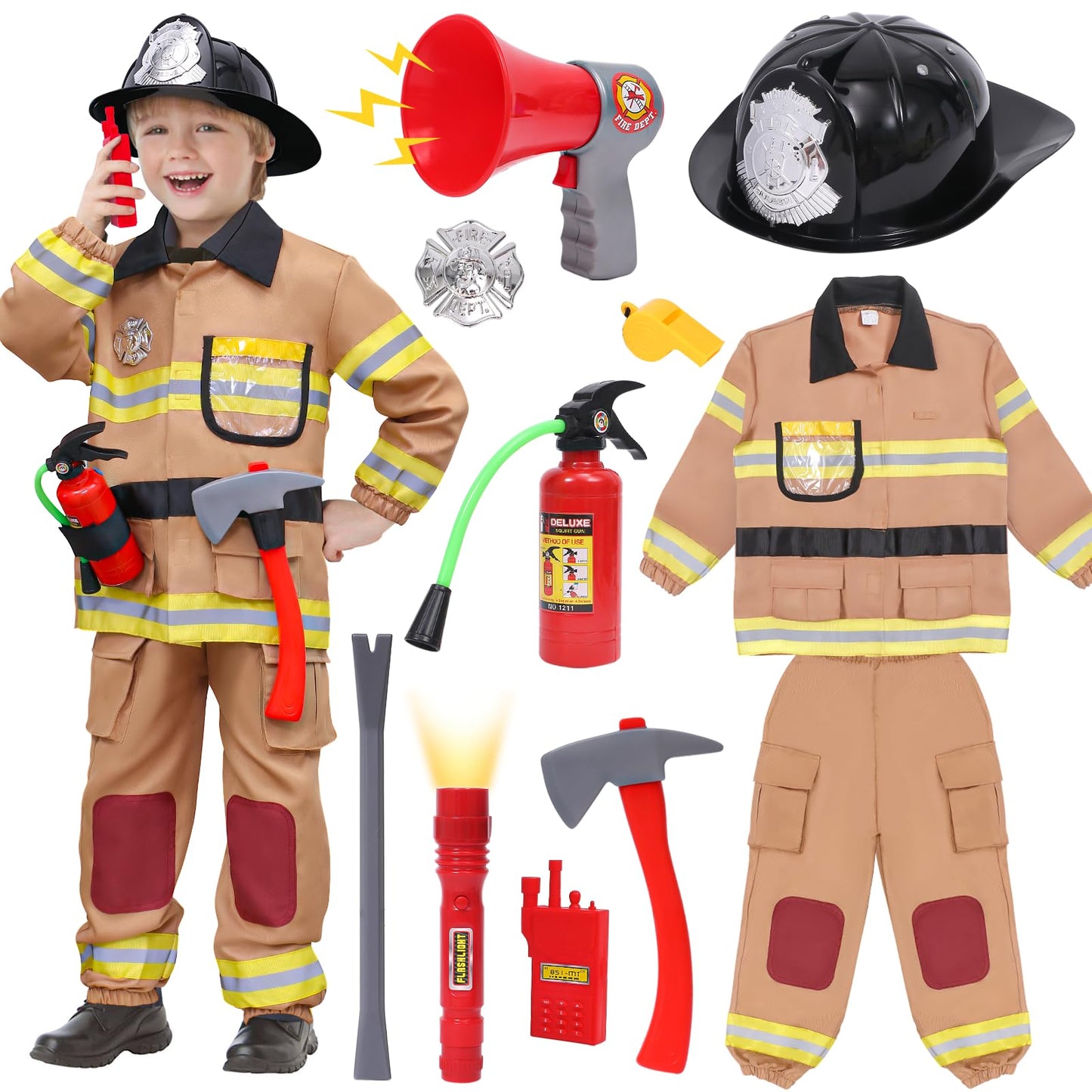 Tacobear Firefighter Costume for Kids, Brown, M (7-8Y), Polyester, Complete Accessories, Dress Up Toy for Birthday & Halloween